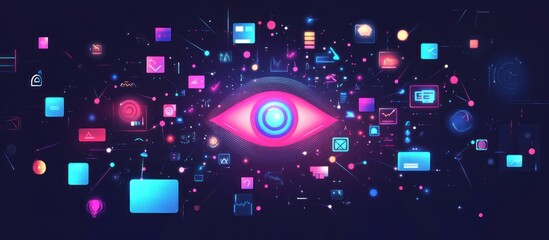 Obraz premium Digital eye surrounded by colorful data icons.