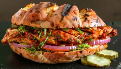 A grilled chicken sandwich with lettuce, tomato, onion, and pickles on a toasted bun.