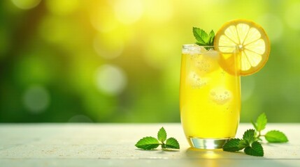 Refreshing Yellow Citrus Beverage with Ice and Mint Garnish on a Sunny Day