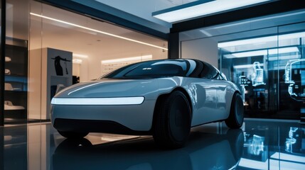 Obraz premium A futuristic hydrogen-powered microcar with customizable parts, showcased in a virtual showroom