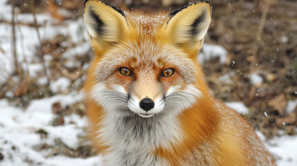 Obraz premium This is a close up image of a red fox with amber eyes, captured in a snowy environment. The fox is looking directly at the viewer. It is one of multiple images in an upload queue