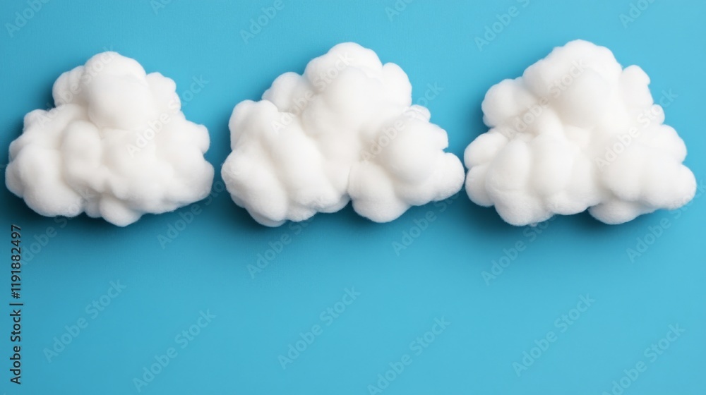 Poster three fluffy clouds: a minimalist, playful design showcasing three fluffy white clouds arranged in a