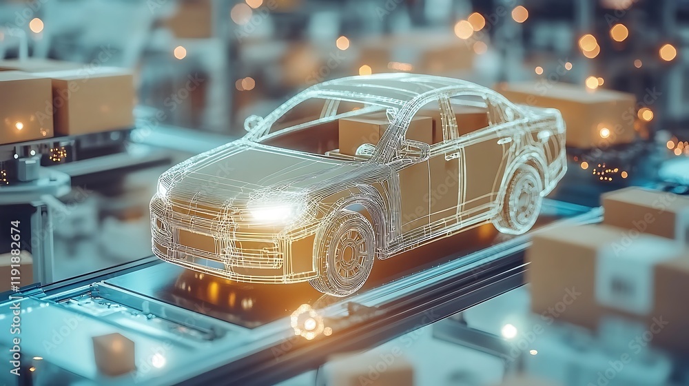 Poster digital car model on automated assembly line