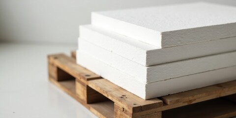 Stack of pristine white rectangular building materials neatly arranged on a rustic wooden pallet