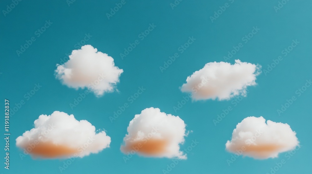 Poster dreamy cloudscape: five fluffy, white clouds drift across a vibrant azure sky, evoking a sense of se