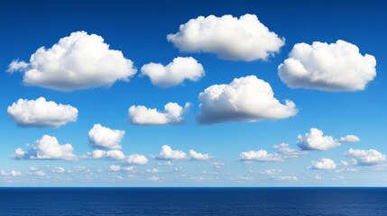 Obraz premium Azure Horizon: Puffy cumulus clouds drift lazily across a vibrant blue sky above a calm, deep blue ocean, creating a serene and tranquil seascape. 
