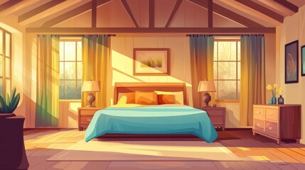 Sunlit bedroom with wooden beams, large bed, and nightstands.