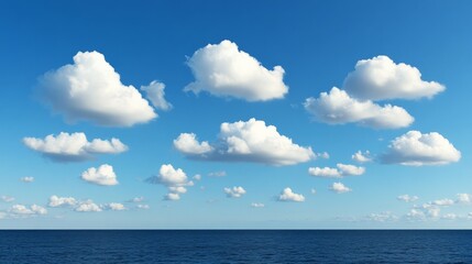 Obraz premium Ocean Horizon and Cumulus Clouds: A serene seascape featuring a vast expanse of deep blue ocean meeting a brilliant blue sky dotted with fluffy cumulus clouds. The scene evokes a sense of peace.