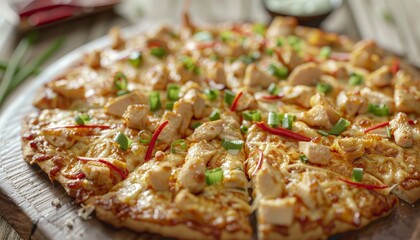 A close-up of a delicious chicken pizza with red pepper and green onions on a wooden board.