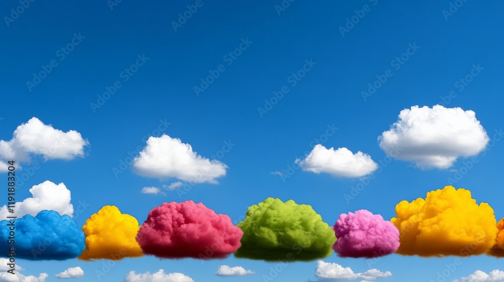 Poster rainbow clouds: a whimsical scene of vibrant, colorful clouds floating against a backdrop of a brigh