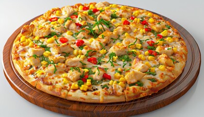 A delicious chicken, corn and chili pizza on a wooden board, ready to be enjoyed.