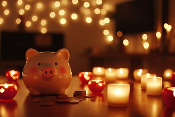 Cozy Atmosphere with a Piggy Bank Surrounded by Candles and Warm Lights, Perfect for Illustrating Savings, Finance, and Home Decor Concepts