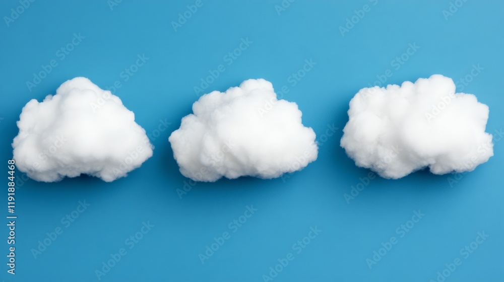 Poster three fluffy clouds arranged in a row on a vibrant blue background: a minimalist and playful composi