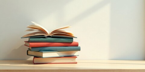 Fototapeta premium A stack of books rests on a light wooden surface, bathed in sunlight, featuring an open book at the top, showcasing the pages and inviting a quiet moment of reading and reflection.