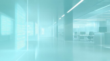 Modern, minimalist office interior with a calming, teal color palette. Sleek desks and glowing screens create a futuristic atmosphere.