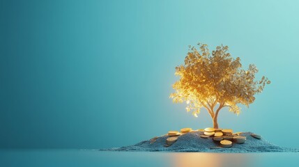 Golden tree growing from a pile of coins against a teal background.  Financial growth concept.