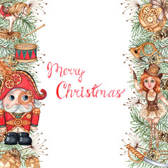 Nutcracker with fir branches, pine cones, watercolor illustration. Forest plants for winter Christmas and New Year decoration isolated from background. Banner, frame, border