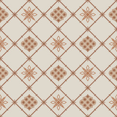 Seamless geometric pattern, Abstract vintage tile pattern, Decorative traditional ornament. A seamless vector pattern featuring a repeating geometric design in shades of brown.