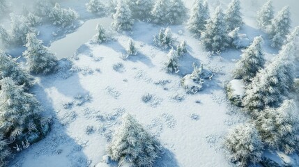 Obraz premium Forest covered in frost and snow, seen from above, with scattered areas of thawing ground visible.