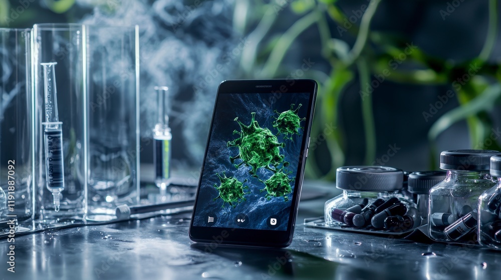Poster health warning notification disease awareness via mobile technology in science lab high-tech environ