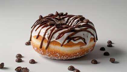 A single glazed donut with chocolate frosting and coffee beans on a white background.