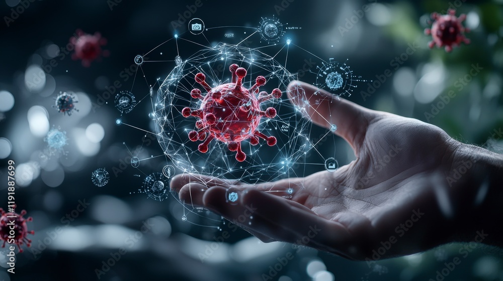 Poster health warning risk notification of digital alert on virus spread impacting global populations scien