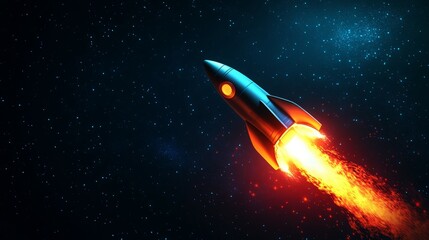 Rocket launching into space, fiery trail against a backdrop of stars.