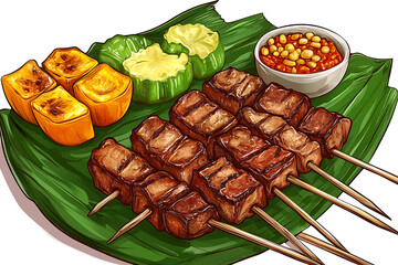 A vibrant platter of skewered meat, grilled vegetables, and dipping sauce on a leaf.