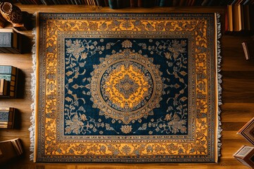 Elegant Oriental Rug with Intricate Design and Rich Colors on a Wooden Floor Surrounded by Books, Creating a Cozy and Inviting Atmosphere for Interiors