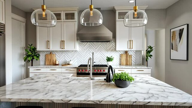 Modern Kitchen Design: White Cabinets, Marble Island, and Gold Accents