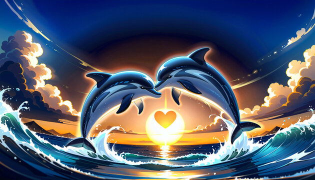 Playful dolphins jumping in the ocean at sunset with a heart in the background for Valentine's Day