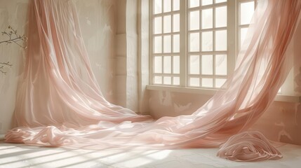 Soft, flowing fabric drapes in a sunlit interior, creating a serene atmosphere.