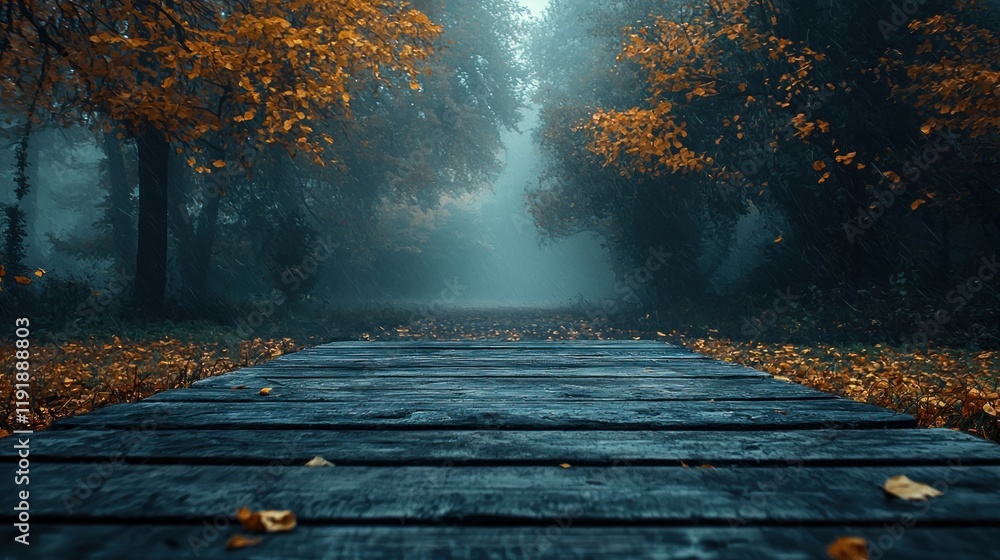 Poster Foggy path with fall leaves.