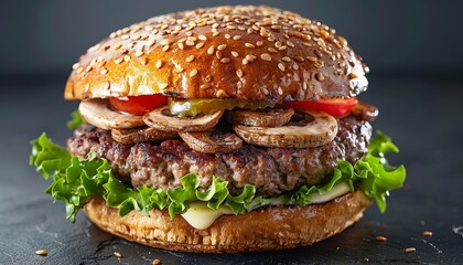 Close-up of a juicy hamburger with lettuce, tomato, cheese, mushrooms and pickles on a sesame seed bun.