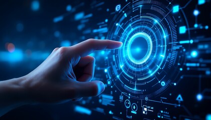 Hand interacting digital interface, futuristic technology, data visualization, abstract background, tech concept