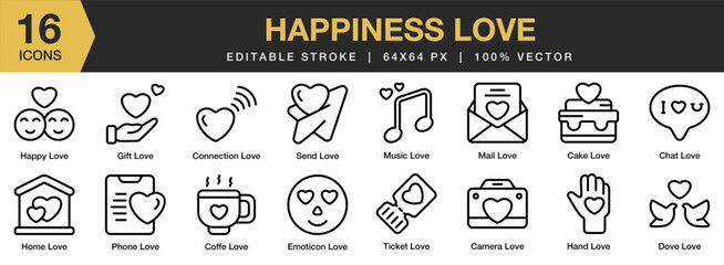 Happiness Love icon set. Editable Stroke Icon Collection. Includes love, happy, together, smile, happiness, couple, relationship, and More. Outline icons vector collection.