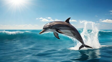 Naklejka premium Dolphin leaping out of the ocean with sun rays in a beautiful blue sky