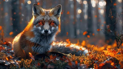 A fox with glowing eyes sits amidst autumn leaves in a forest setting.