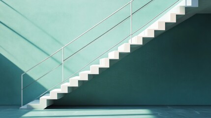Fototapeta premium Modern white stairs, teal wall, sunlit room, interior design