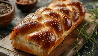 Fototapeta premium A freshly baked loaf of braided bread with sesame seeds, on a wooden cutting board with spices in the background.