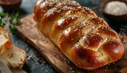 A freshly baked loaf of braided challah bread with sesame seeds on a wooden cutting board.