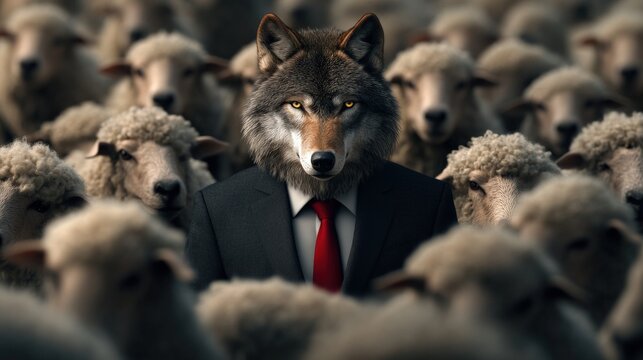 A corporate betrayal concept with a wolf in a suit standing confidently among a group of sheep capturing the essence of hidden agendas in business.