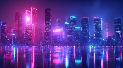 Neon Cityscape at Night: Futuristic Urban Skyline Reflected in Water
