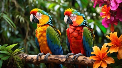 Fototapeta premium Vibrant Macaws Perched on Branch surrounded by tropical flora in a lush rainforest scene