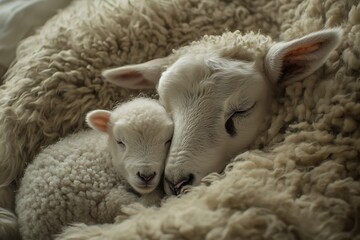 Naklejka premium Tender Moments: A Mother Lamb and Her Baby's Peaceful Slumber