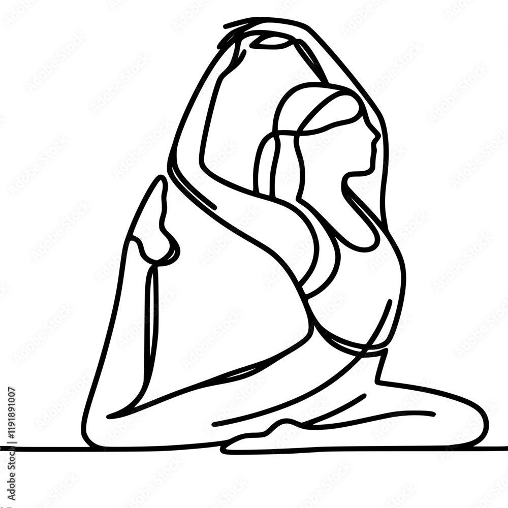 Poster linear vector simple contour drawing of a man in a yoga pose with arms raised and leg bent, demonstr
