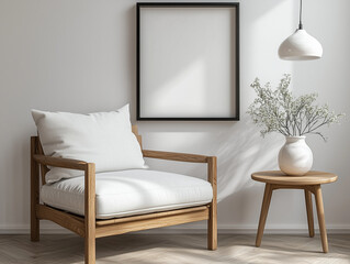Empty  frame mockup-Simple wooden armchair with white cushion, blank black frame on white wall, small table with vase, cozy and minimalist living space