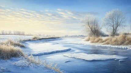 Melting ice on a frozen river reveals a serene mix of blue water and sparkling frost under gentle spring light.