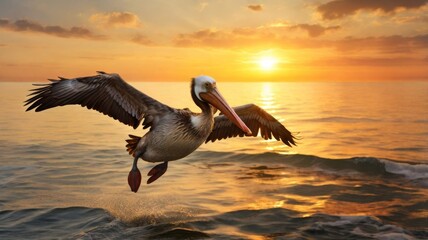 Pelican gracefully soars above the ocean at sunset with golden light reflecting on the water