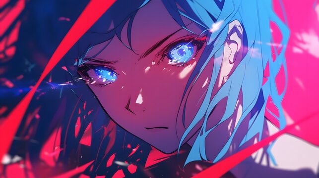 An anime portrait featuring dynamic lighting with red and blue hues, enhanced with a bokeh background effect